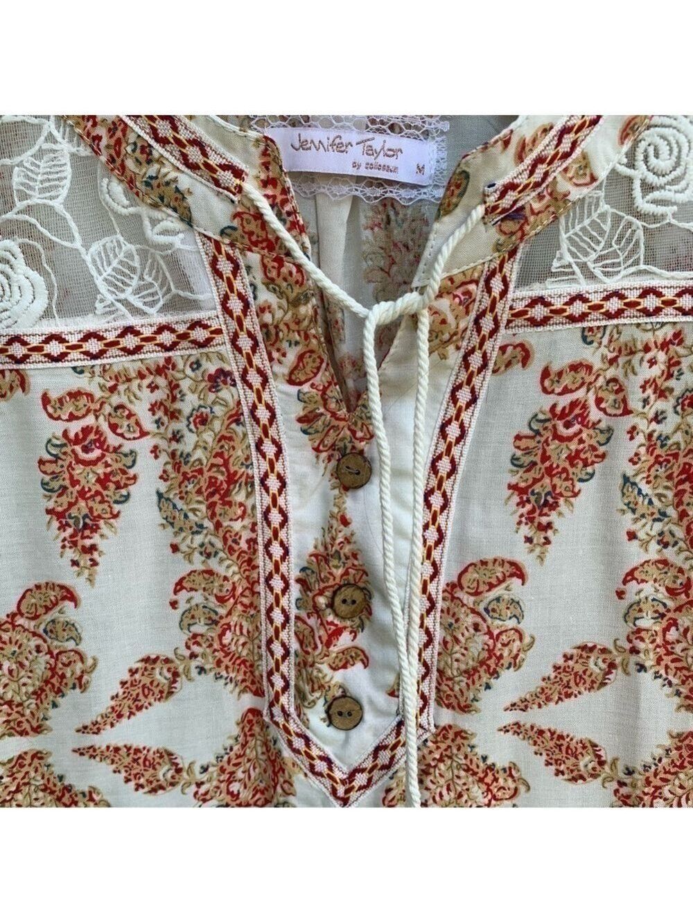 JENNIFER TAYLOR multicolor boho print lace yoke festival sleeveless tie neck top - Picture 4 of 10